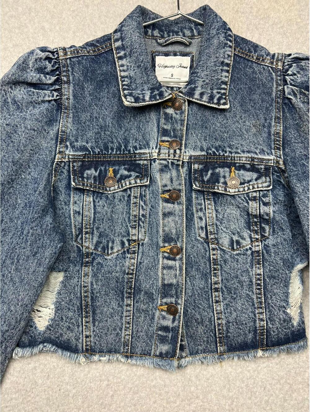 Highway Jeans Jacket Denim Puffed Sleeves Ripped Distressed Crop S USA Med Wash - Picture 7 of 7